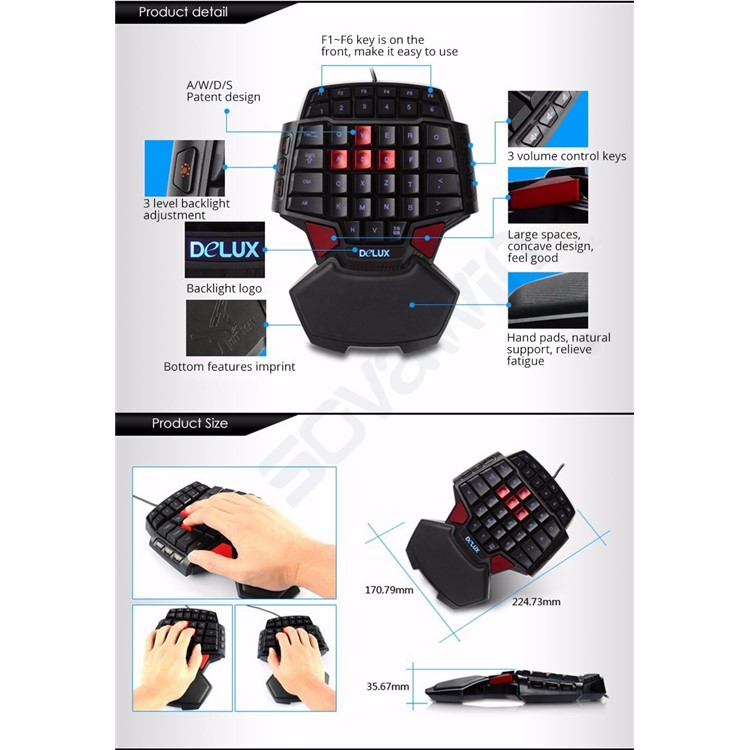 DELUX T9 Portable One Hand Gaming Keyboard with Colorful LED Backlight-12