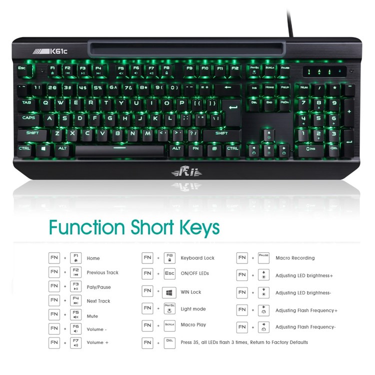 RII K61C USB 2.0 Wired Backlit 104-Key Mechanical Gaming Keyboard Anti-ghosting PC Keyboard - Black-5