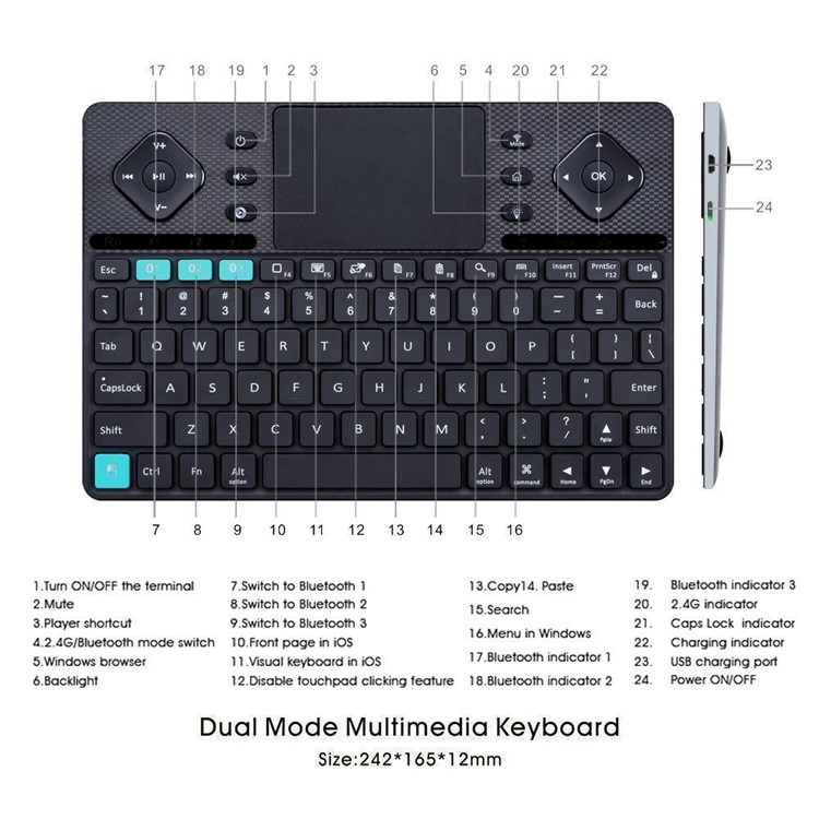 RII K16 Dual-mode Bluetooth & RF Wireless Backlit Keyboard for PC, Tablets, Smart TV etc. - Black-7