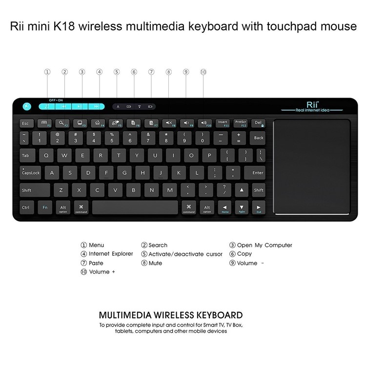 RII mini K18 Wireless Keyboard with build-in Large Size Touchpad Mouse for PC, Google Smart TV etc. - Black-3