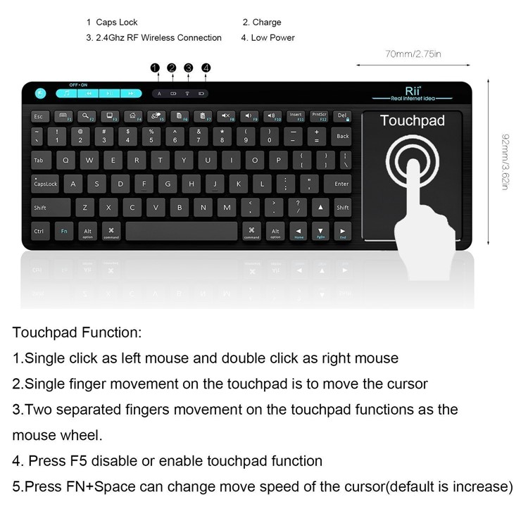 RII mini K18 Wireless Keyboard with build-in Large Size Touchpad Mouse for PC, Google Smart TV etc. - Black-4