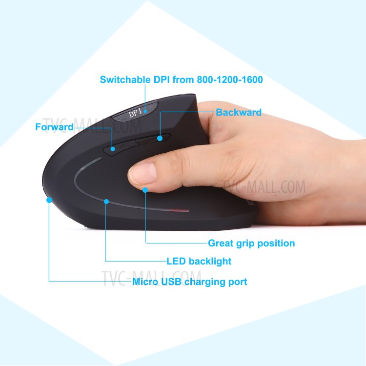 MODAO 1600DPI 6 Buttons 2.4G Wireless Vertical Ergonomic Mouse with Nano Receiver - Black-12