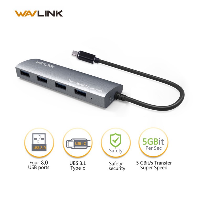 WAVLINK WS-UH3047 USB 3.0 Hub 4-Port Type-C Adapter with USB-C Female Charging Port for New MacBook ChromeBook Pixel-3