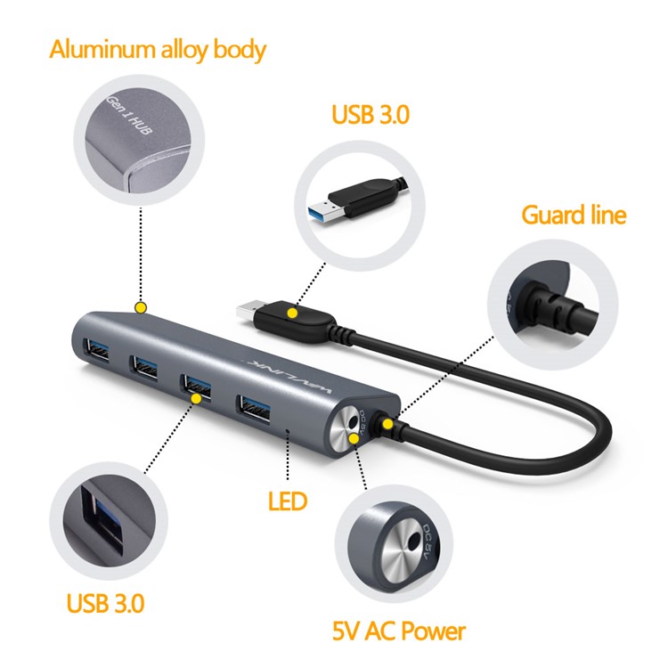 WAVLINK WS-UH3048 Mini Portable Super Speed 4 Ports 5.0Gbps USB 3.0 Hub Aluminum USB HUB Data Cable Adapter for PC Laptop Computer Tablet - EU Plug-4