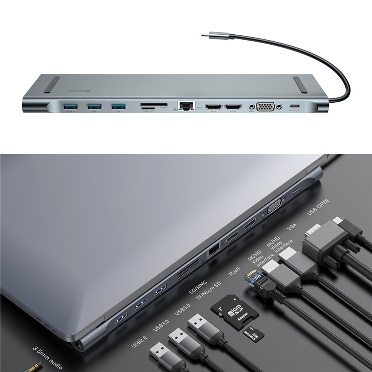 BASEUS Enjoyment Series USB3.0 Type-C Notebook HUB Adapter for Samsung Huawei Etc - Dark Grey