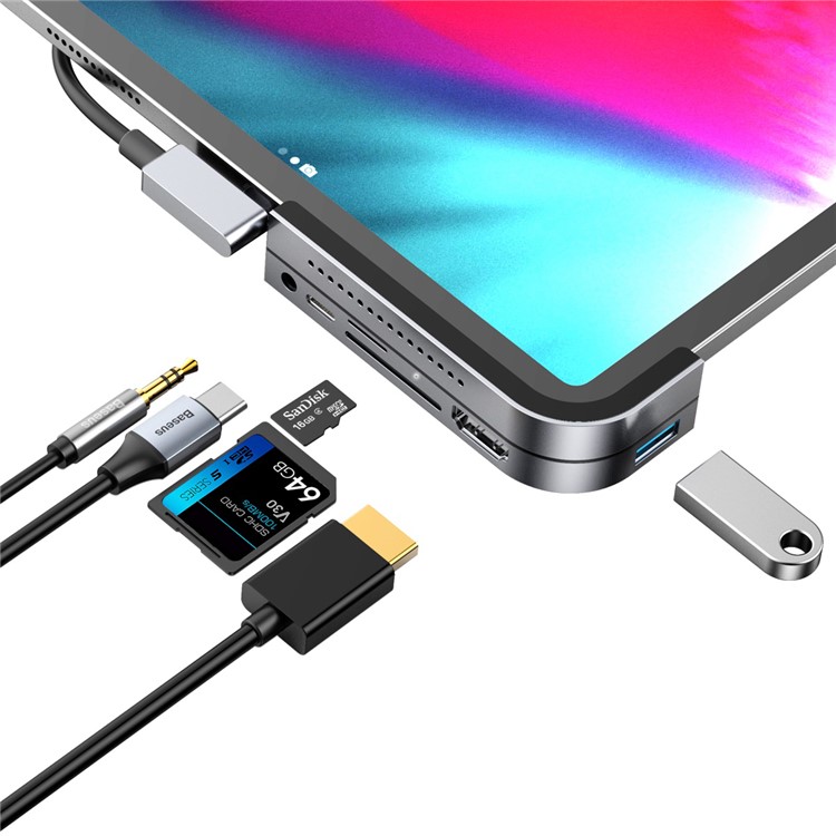 Angolo di Curvatura Del Baseus n. 7 Convertitore Mozzo di Tipo-c Multifunzionale 6 in 1 Supporto Adattatore di Interfacce Estese Usb3.0/tf/3,5 mm Audio/4k/hd/type-c - Grigio Scuro