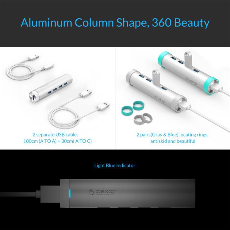 ORICO ARH4-U3 Aluminum 4 Port USB3.0 Hub with Separate 1.6Ft. + 1Ft. Cable (A TO A & A TO C) - Silver-12