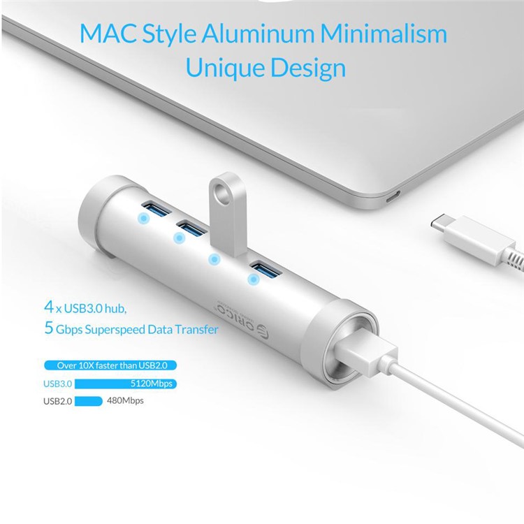ORICO ARH4-U3 Aluminum 4 Port USB3.0 Hub with Separate 1.6Ft. + 1Ft. Cable (A TO A & A TO C) - Silver-2