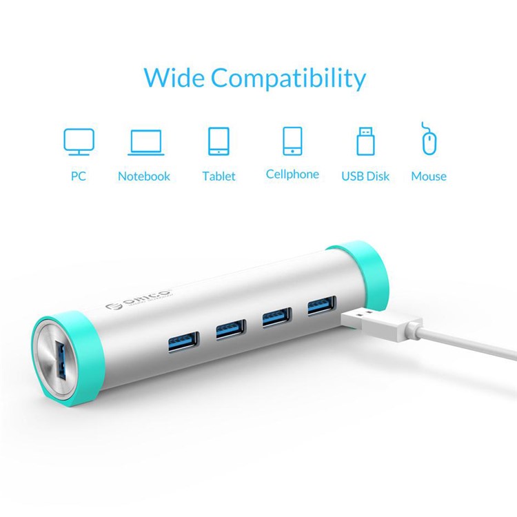 ORICO ARH4-U3 Aluminum 4 Port USB3.0 Hub with Separate 1.6Ft. + 1Ft. Cable (A TO A & A TO C) - Silver-3