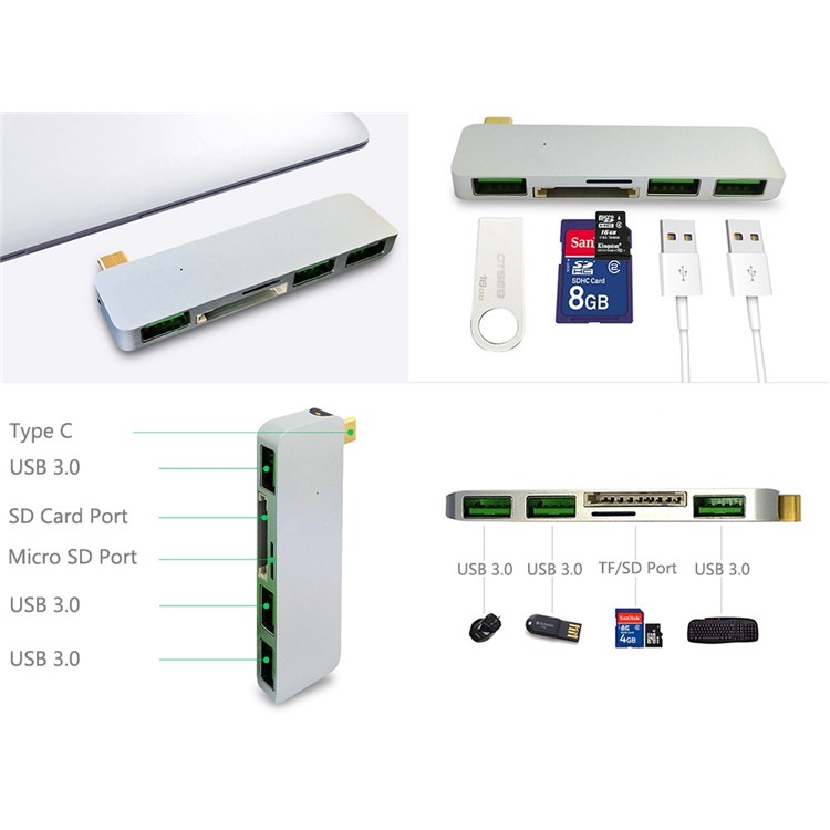 Type-C to 3xUSB 3.0 + SD Card Port + Micro SD Port Adapter Converter 5-in-1 USB Type-C Hub for MacBook etc. - White-14