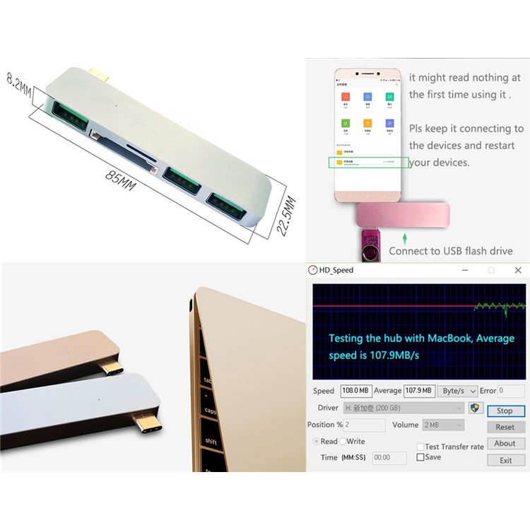 Type-C to 3xUSB 3.0 + SD Card Port + Micro SD Port Adapter Converter 5-in-1 USB Type-C Hub for MacBook etc. - White-15