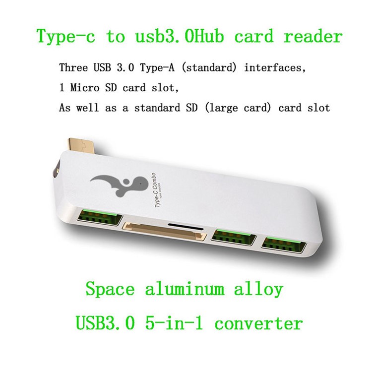 Type-C to 3xUSB 3.0 + SD Card Port + Micro SD Port Adapter Converter 5-in-1 USB Type-C Hub for MacBook etc. - White-2