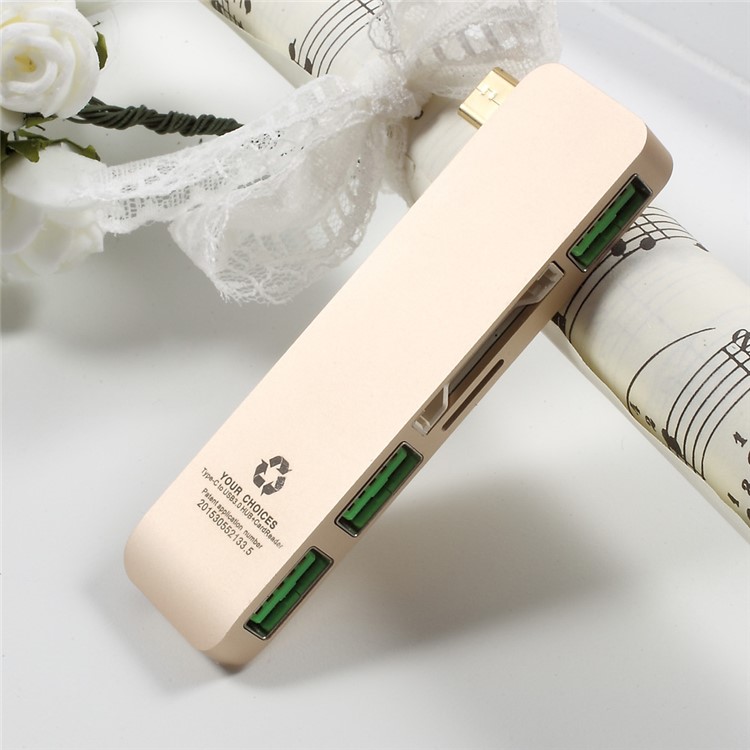 Typ C Hub USB 3.0 5-in-1 Combo Adapter (3*USB 3.0 + SD Card Port + Micro SD Port) for MacBook etc. - Gold-7
