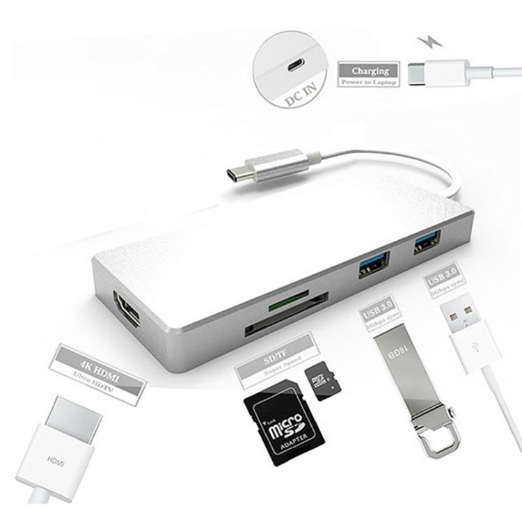 Type-C to HDMI and 3*USB 3.0 HUB and TF / SD Card Reader USB Hub for Macbook Pro PC-7