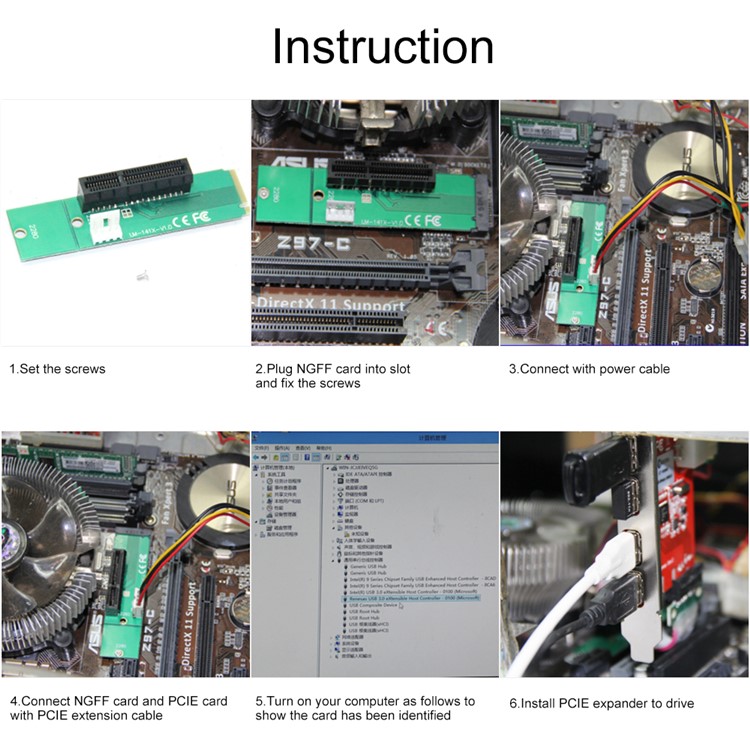 PCI-E 4X Female to NGFF M.2 M Key Male Adapter Converter Card with Power Cable Micro SATA M.2 Socket-5
