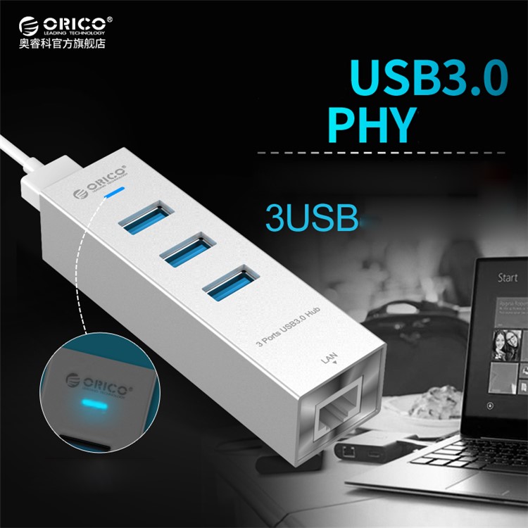 ORICO ASH3L-U3-SV Aluminum 3 USB3.0 Ports Hub with a RJ45 Ethernet Port for Laptop, Desktop and Other Devices-5
