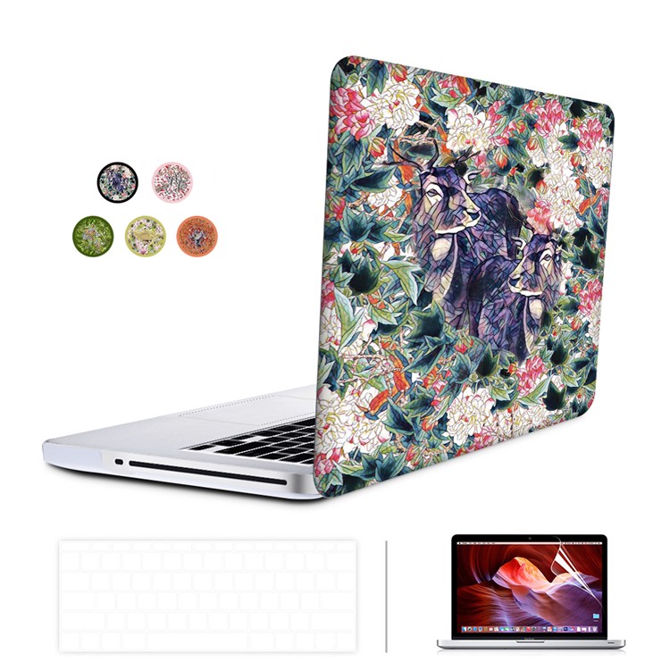 3D Flowers and Sika Deer Pattern Screen Protector + Plastic Case + US Version Silicone Keyboard Film for MacBook Pro 13-inch (2016) A1706 A1708-1