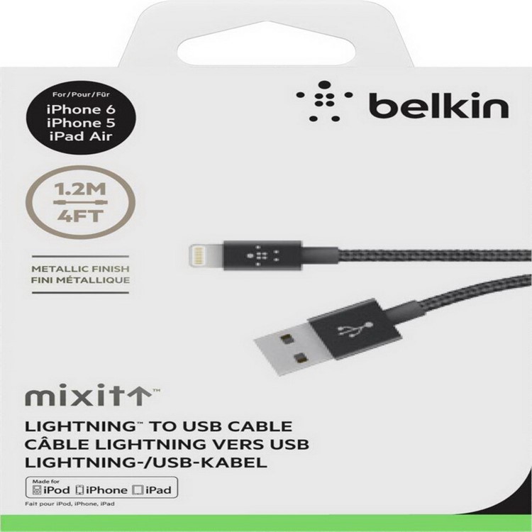 BELKIN Original MFI Certified Lightning 8pin Metallic Nylon Braided Data Charging Cable 1.2m for iPhone iPad iPod (F8J144bt04) - Black-6