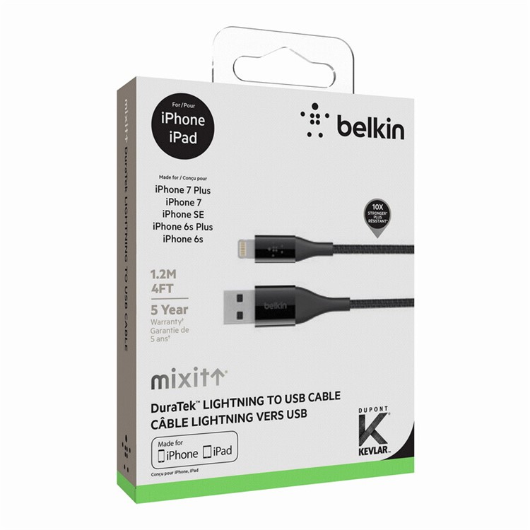 BELKIN Original MIXIT Duratek Kevlar MFI Braided Lightning 8pin USB Cable for iPhone X/8/8 Plus etc. (F8J207bt04) - Black-6