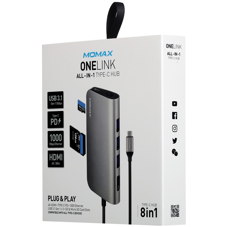 MOMAX Multi-functional 8-in-1 USB3.1 Type-C Hub with 4K HDMI + 3*USB 3.1 + SD/TF Card Reader + RJ45 LAN + Type-C Port-10