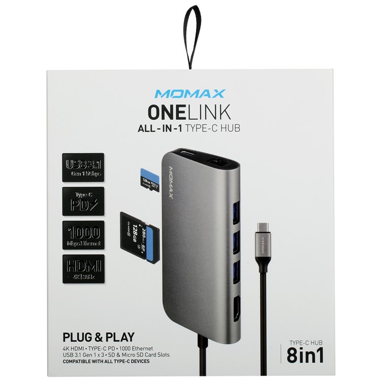 MOMAX Multi-functional 8-in-1 USB3.1 Type-C Hub with 4K HDMI + 3*USB 3.1 + SD/TF Card Reader + RJ45 LAN + Type-C Port-11