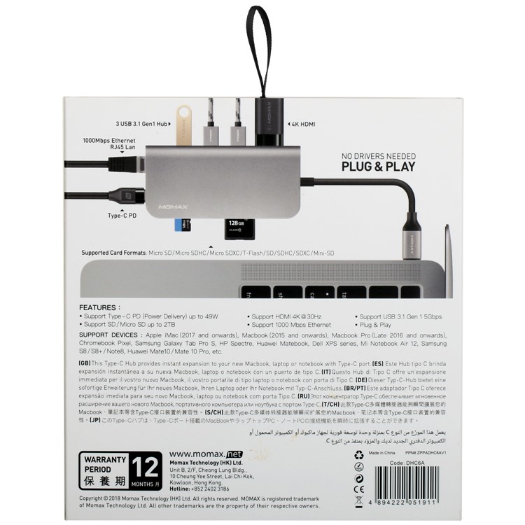 MOMAX Multi-functional 8-in-1 USB3.1 Type-C Hub with 4K HDMI + 3*USB 3.1 + SD/TF Card Reader + RJ45 LAN + Type-C Port-12