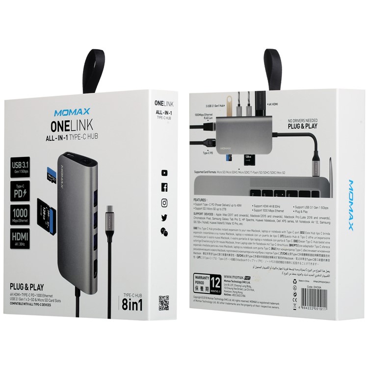 MOMAX Multi-functional 8-in-1 USB3.1 Type-C Hub with 4K HDMI + 3*USB 3.1 + SD/TF Card Reader + RJ45 LAN + Type-C Port-9