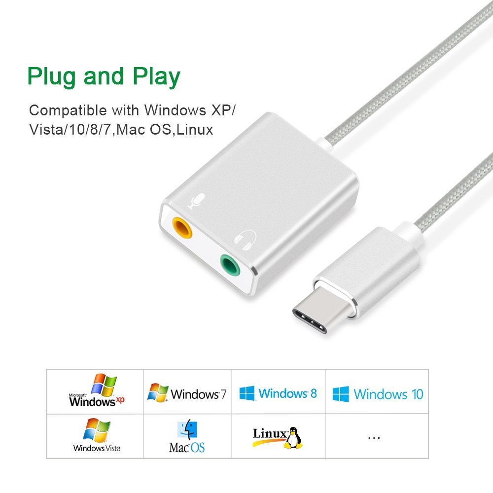 Type-C Audio Adapter External Stereo Sound Card Adapter with 3.5mm Headphone Jack and Microphone Jack - Silver-4