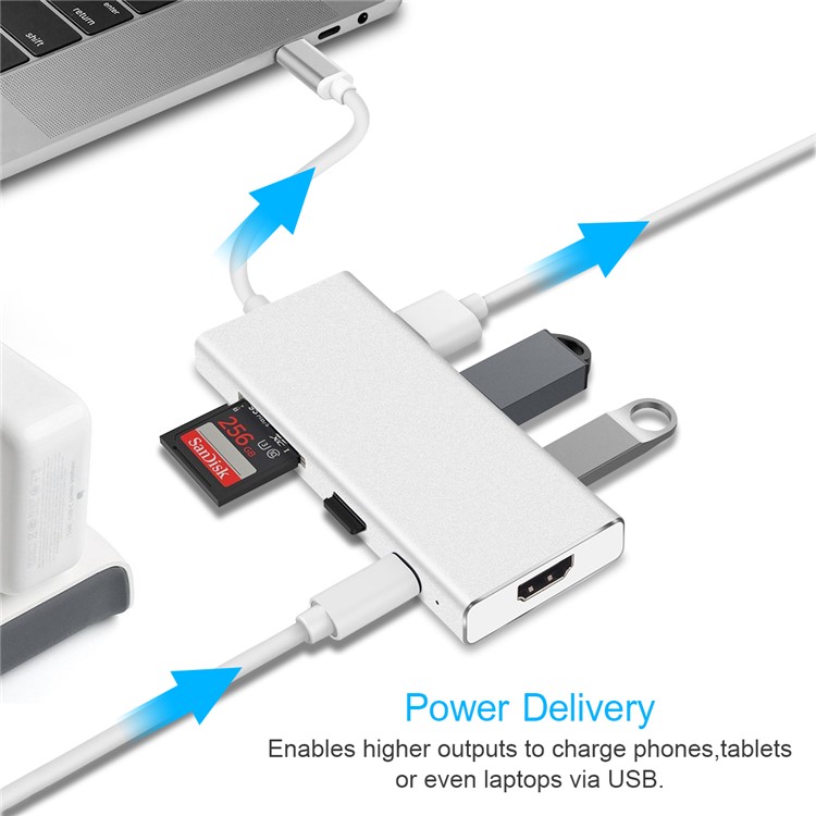 Adaptateur USB-C 7 En 1 Avec Port De Charge De Type C Lecteur De Carte SD / TF 4K Sortie HDMI 3 Ports USB 3.0-2