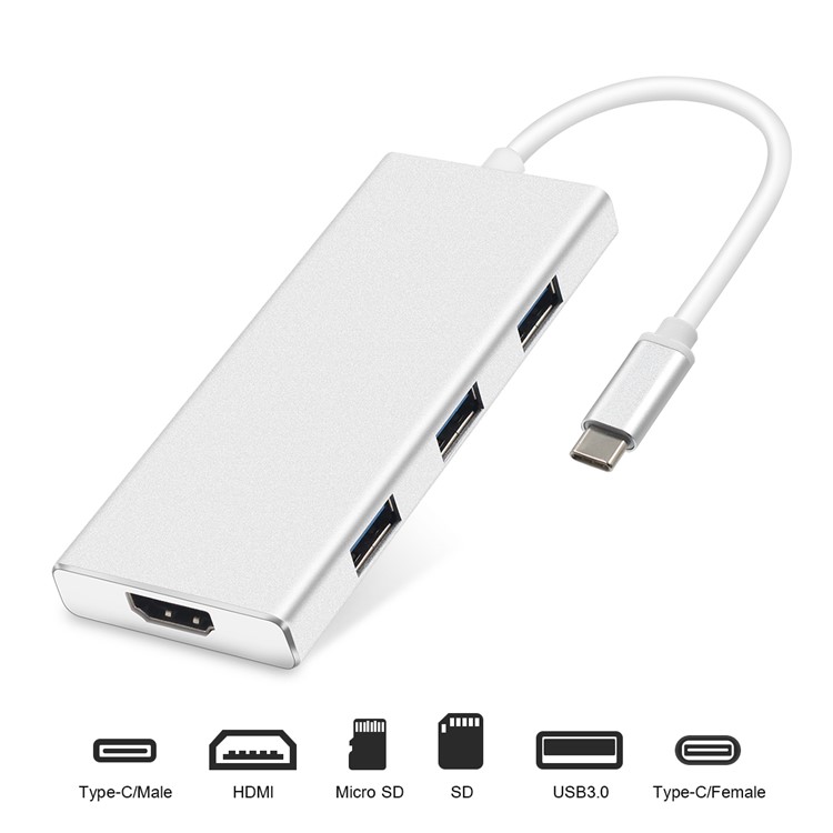 Adaptateur USB-C 7 En 1 Avec Port De Charge De Type C Lecteur De Carte SD / TF 4K Sortie HDMI 3 Ports USB 3.0-4