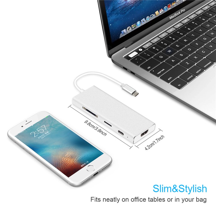Adaptateur USB-C 7 En 1 Avec Port De Charge De Type C Lecteur De Carte SD / TF 4K Sortie HDMI 3 Ports USB 3.0-5