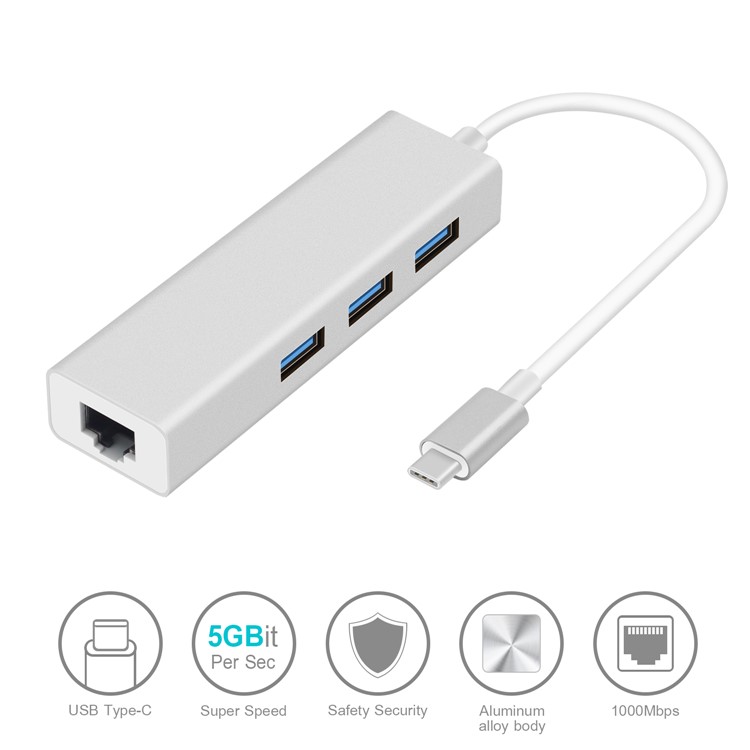 USB Type C to 10/100/1000Mbps RJ45 Ethernet Port + 3-Port USB 3.0 Adapter - Silver-2