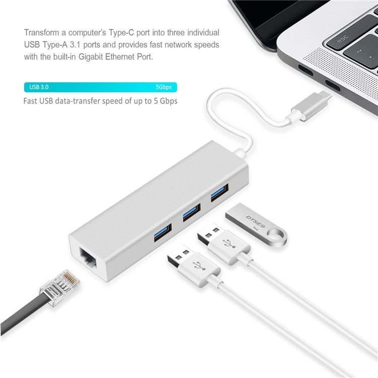 USB Type C to 10/100/1000Mbps RJ45 Ethernet Port + 3-Port USB 3.0 Adapter - Silver-3
