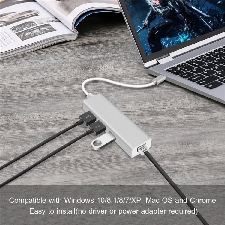 USB Type C to 10/100/1000Mbps RJ45 Ethernet Port + 3-Port USB 3.0 Adapter - Silver-4
