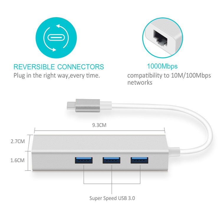 USB Type C to 10/100/1000Mbps RJ45 Ethernet Port + 3-Port USB 3.0 Adapter - Silver-5