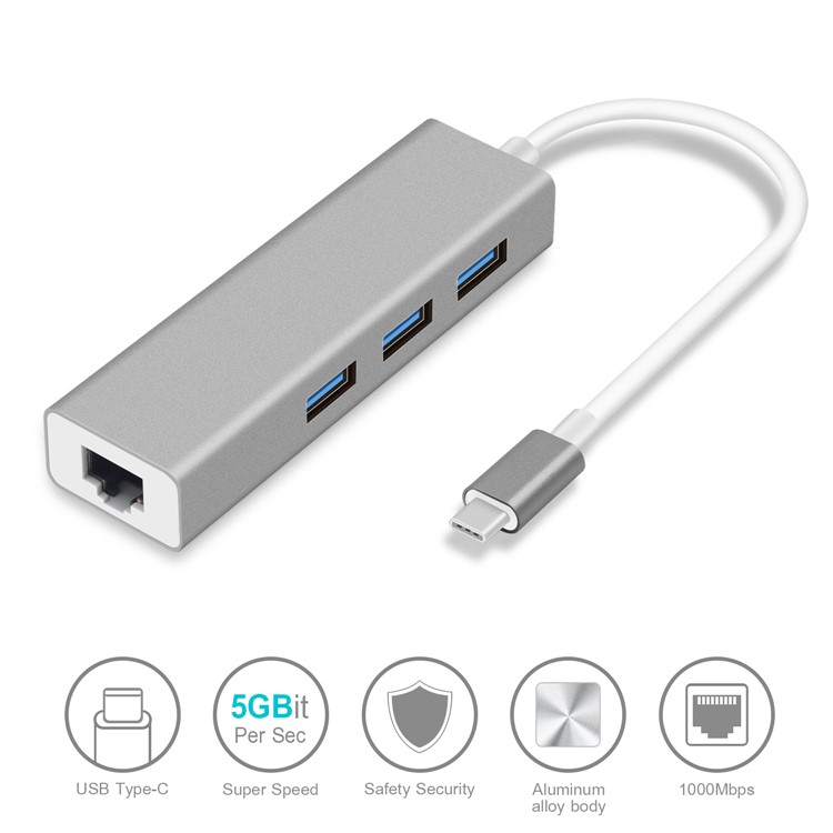 Type C to RJ45 and USB 3.0 Hub Adapter 10/100/1000 Mbps Gigabit Ethernet - Grey-2