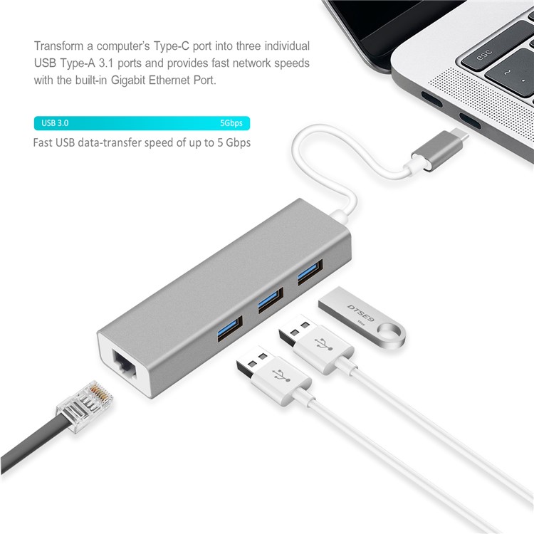 Type C to RJ45 and USB 3.0 Hub Adapter 10/100/1000 Mbps Gigabit Ethernet - Grey-3