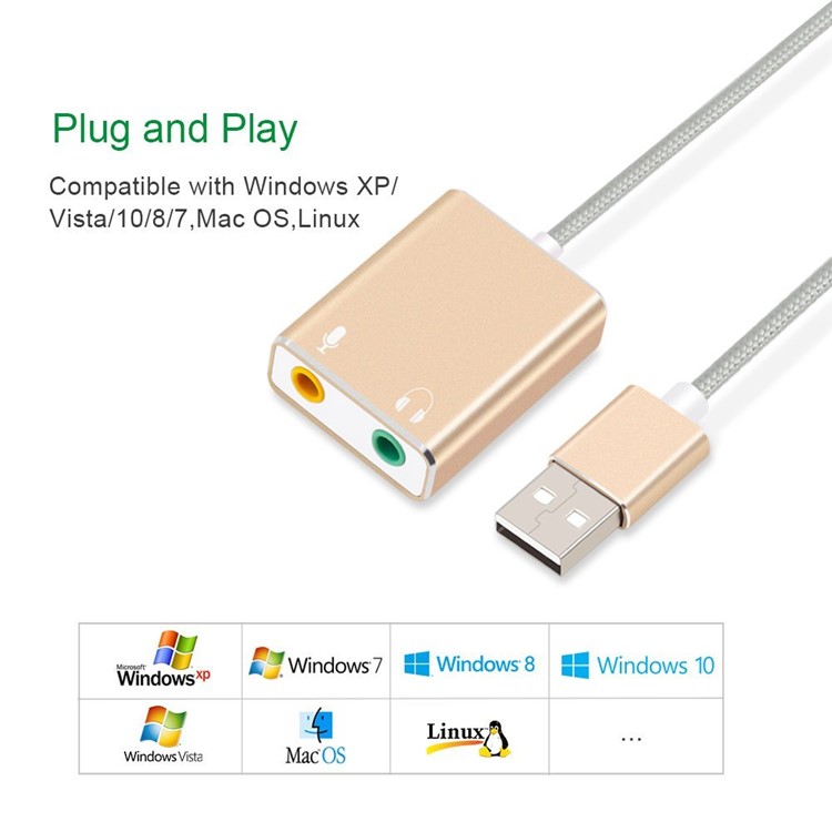 3D Stereo USB Audio Adapter with 3.5mm Headphone and Microphone Jack - Gold-3