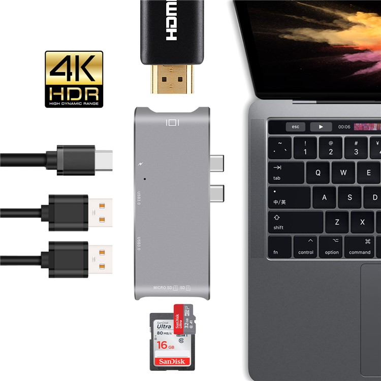 Dual Male USB Type-C Hub Adapter to 4K HDMI Port + SD/TF Card Slots + 2 USB 3.0 Ports + Type-C Female Port-1