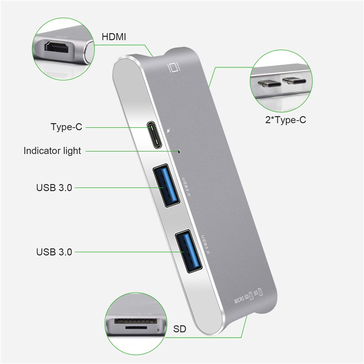 Dual Male USB Type-C Hub Adapter to 4K HDMI Port + SD/TF Card Slots + 2 USB 3.0 Ports + Type-C Female Port-3