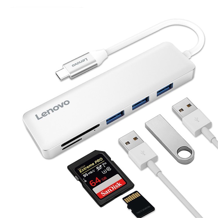 LENOVO C605 Convenient 5-in-1 USB-C to USB 3.0 Hub Adapter Support TF/SD Card - White-1