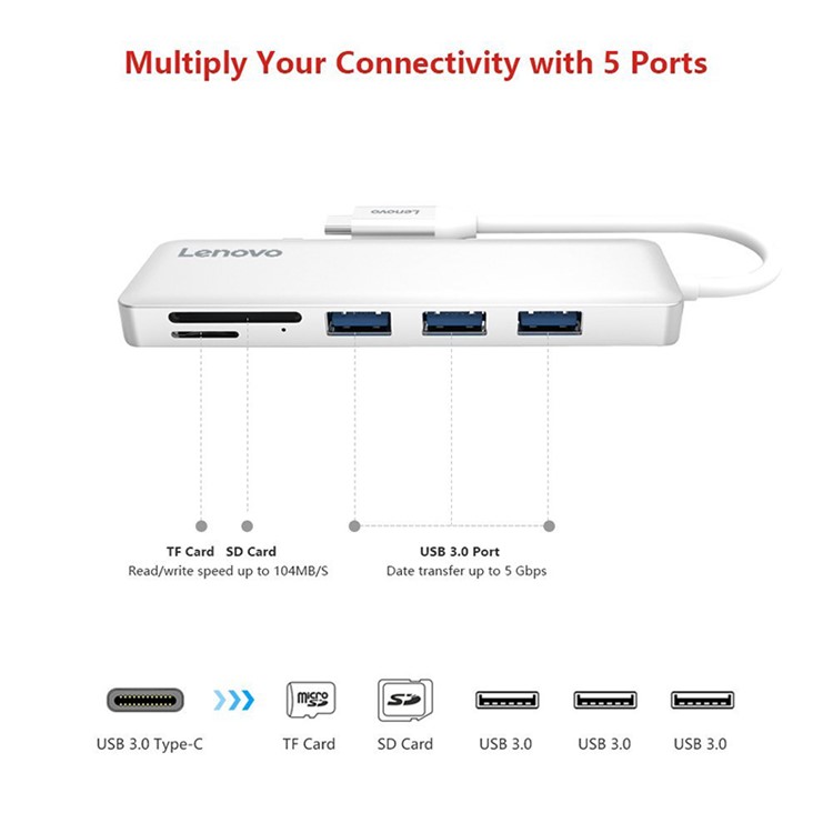 LENOVO C605 Convenient 5-in-1 USB-C to USB 3.0 Hub Adapter Support TF/SD Card - White-5