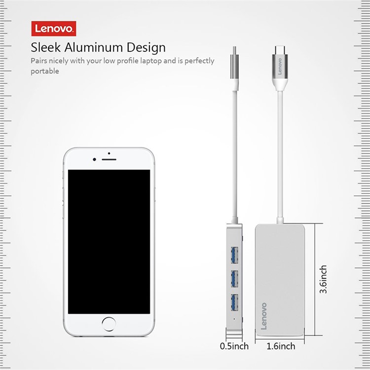LENOVO C506 4-in-1 USB Type C Hub to 3 USB 3.0 Ports + RJ45 Ethernet Port - Silver-3