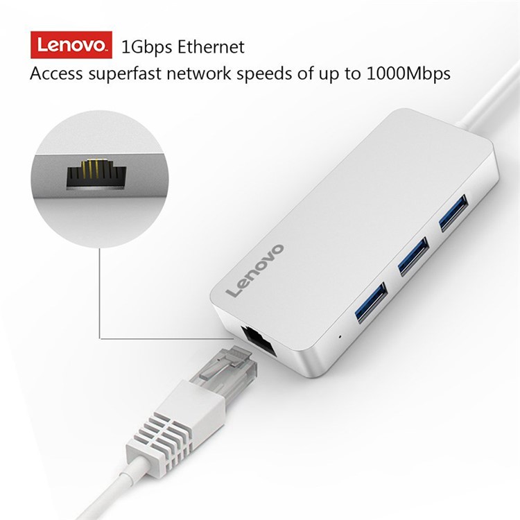 LENOVO C506 4-in-1 USB Type C Hub to 3 USB 3.0 Ports + RJ45 Ethernet Port - Silver-4