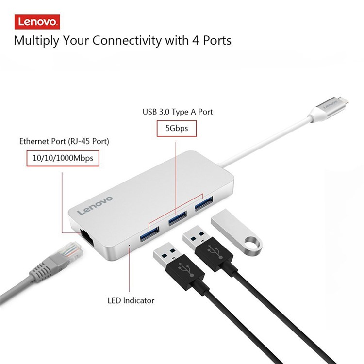 LENOVO C506 4-in-1 USB Type C Hub to 3 USB 3.0 Ports + RJ45 Ethernet Port - Silver-5