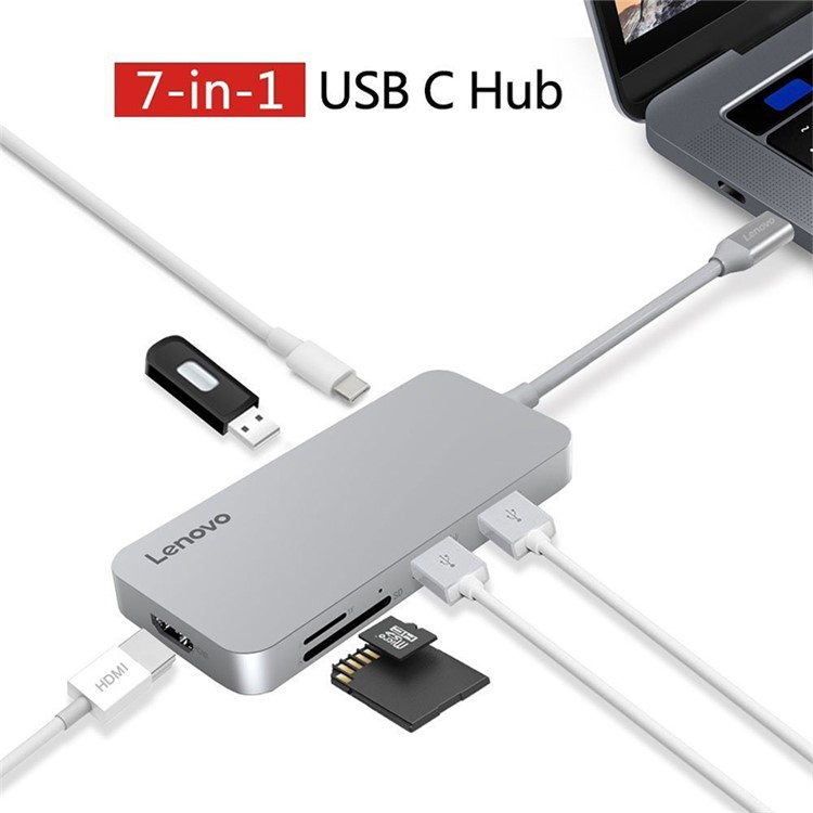 LENOVO C107 7-in-1 USB Type C Hub Converter to HDMI+USB 2.0+2 USB 3.0 Ports+Type-C PD Input+SD/TF Card Reader - Grey-2