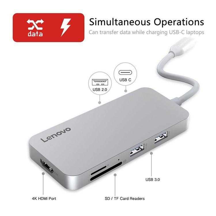 LENOVO C107 7-in-1 USB Type C Hub Converter to HDMI+USB 2.0+2 USB 3.0 Ports+Type-C PD Input+SD/TF Card Reader - Grey-3