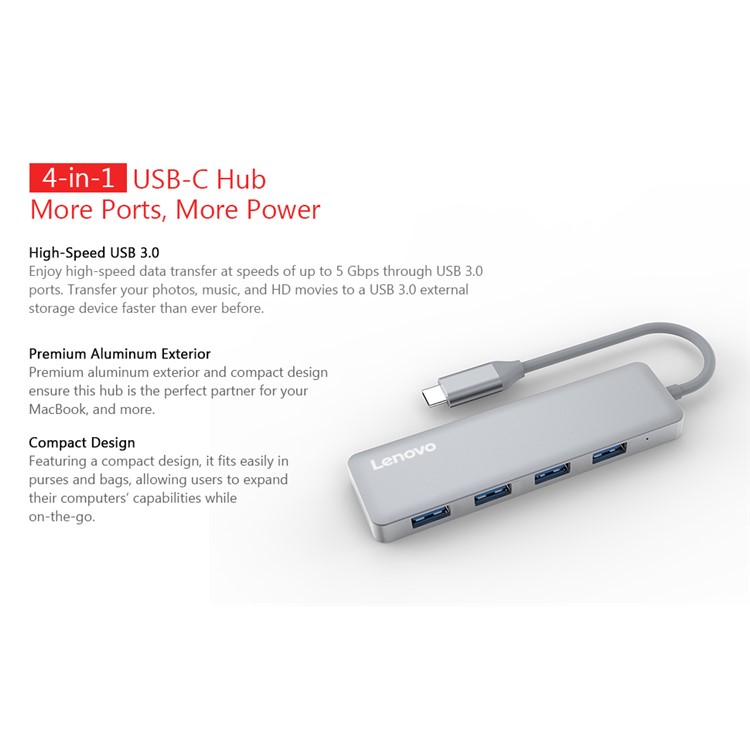 LENOVO C610 USB Type C Hub Converter to 4 USB 3.0 Ports for MacBook Pro, Chromebook Pixel etc - Grey-8