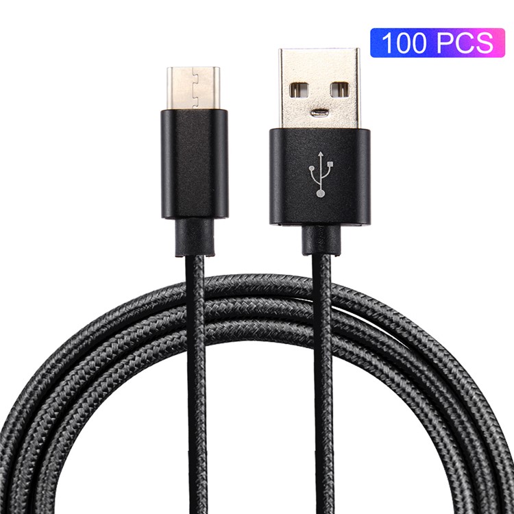 100Pcs/Set 1m 2A Reversible USB Type-C Woven Cable for Samsung S8/Huawei P10 etc. - Black-1