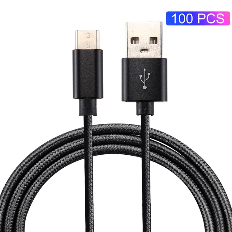 100Pcs/Set 3m Reversible USB Type-C Woven Cable for Samsung Note 8/S8/S8 Plus etc. - Black-1